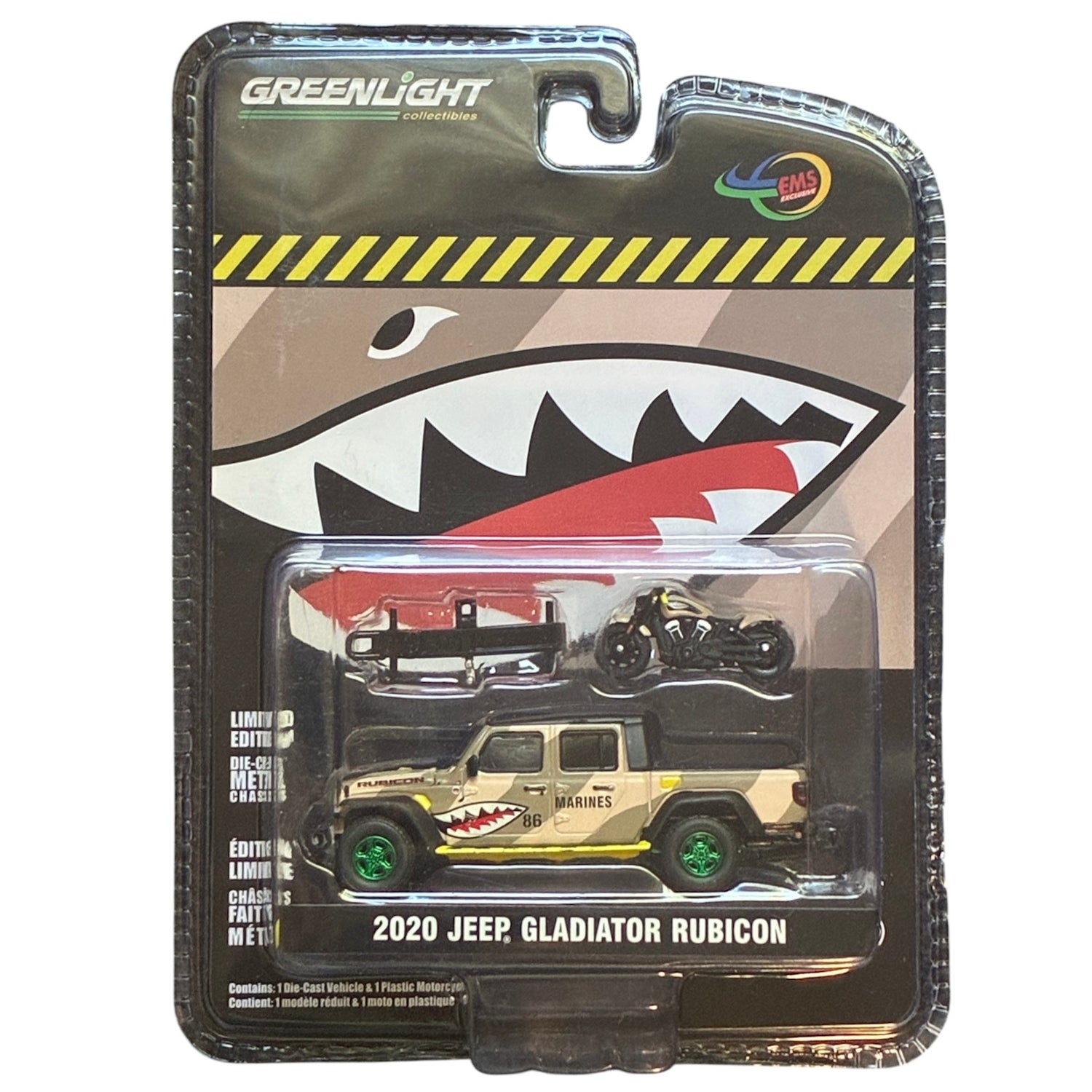 CHASE CAR – GreenLight 1:64 Jeep Gladiator Rubicon Pickup 2020 “Shark” avec Moto – Roues Vertes – Édition Limitée – GL51525-CHASE