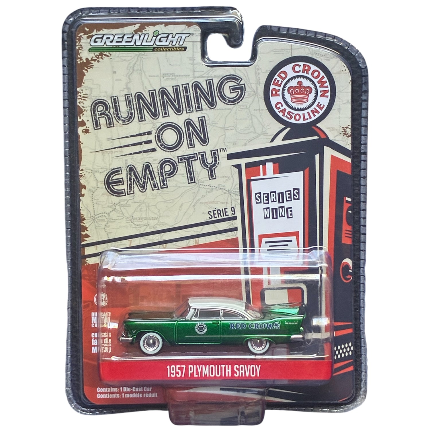 CHASE CAR GreenLight 1:64 1957 Plymouth Savoy Red Crown Gasoline – Running on Empty Series 9 – GL41090-A-CHASE