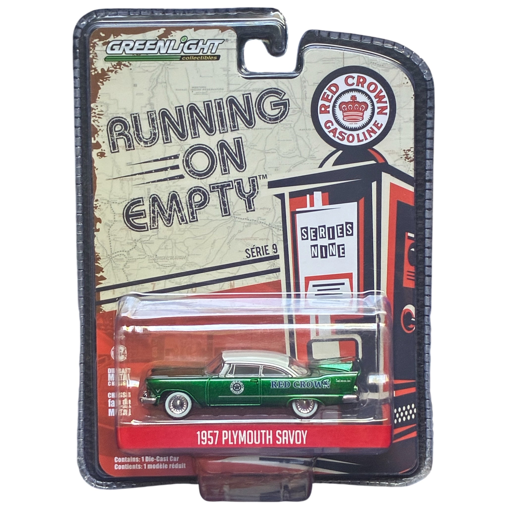CHASE CAR GreenLight 1:64 1957 Plymouth Savoy Red Crown Gasoline – Running on Empty Series 9 – GL41090-A-CHASE