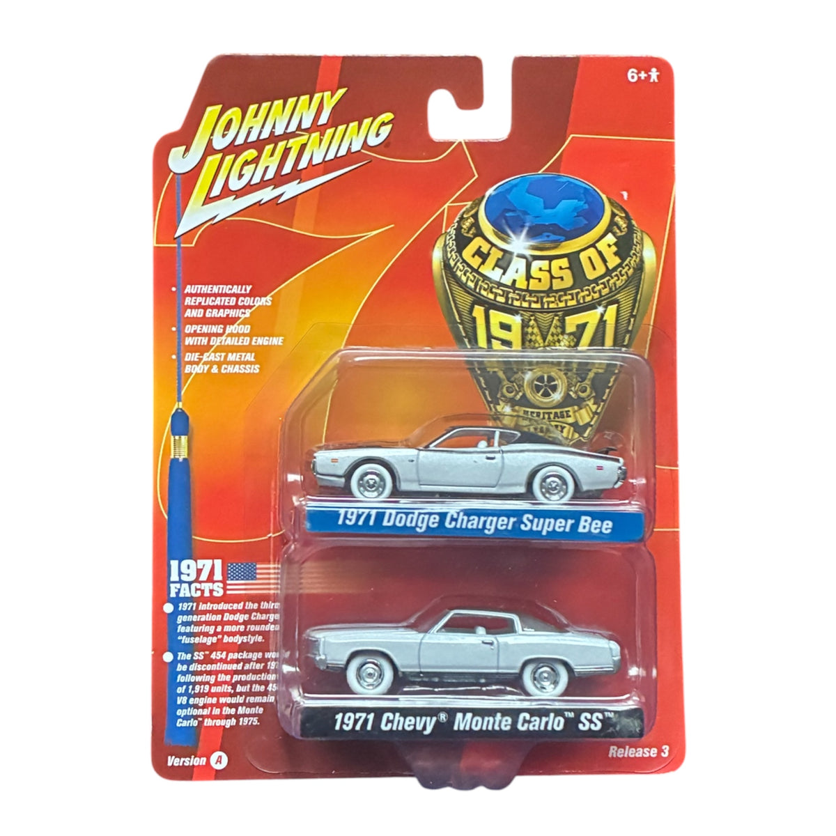 CHASE CAR Johnny Lightning 1:64 Class of 1971 Release 3 Version A – 1971 Dodge Charger Super Bee &amp; 1971 Chevrolet Monte Carlo SS – JLPK014-3A-CHASE