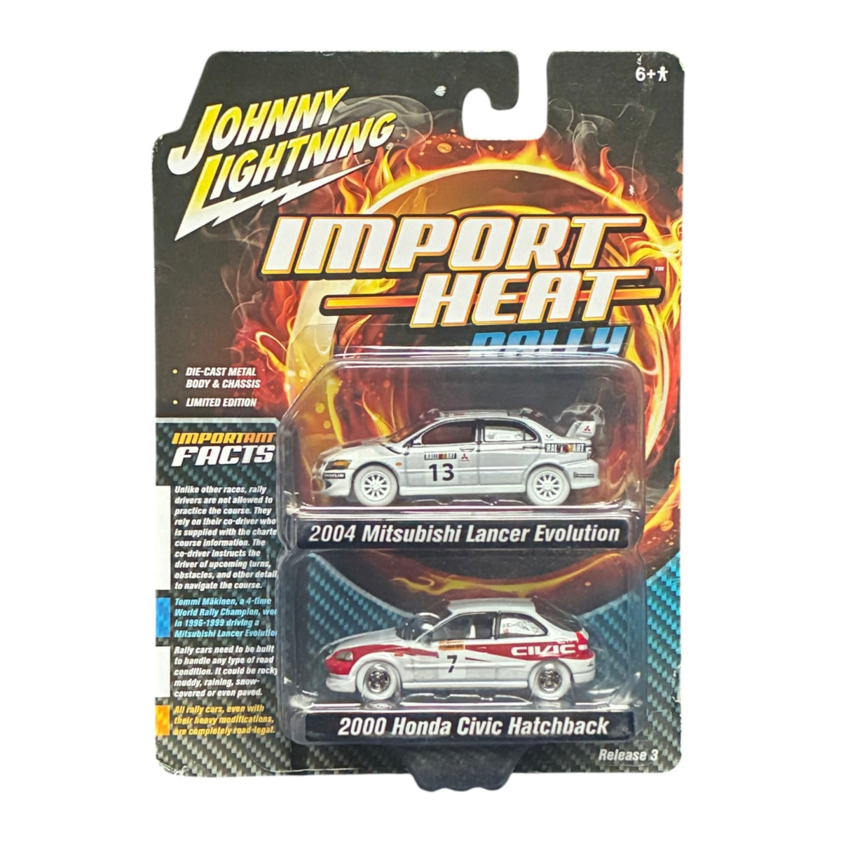 CHASE CAR Johnny Lightning 1:64 Import Heat Rally Duo Pack Release 3 – 2004 Mitsubishi Lancer Evolution &amp; 2000 Honda Civic Hatchback – White Wheels – JLPK006-3-CHASE