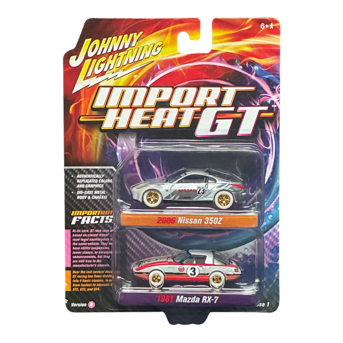 CHASE CAR Johnny Lightning 1:64 Import Heat GT Release 1 Version B – Duo Pack 1981 Mazda RX-7 &amp; 2006 Nissan 350Z – White &amp; Gold Wheels – JLPK017-1B-CHASE