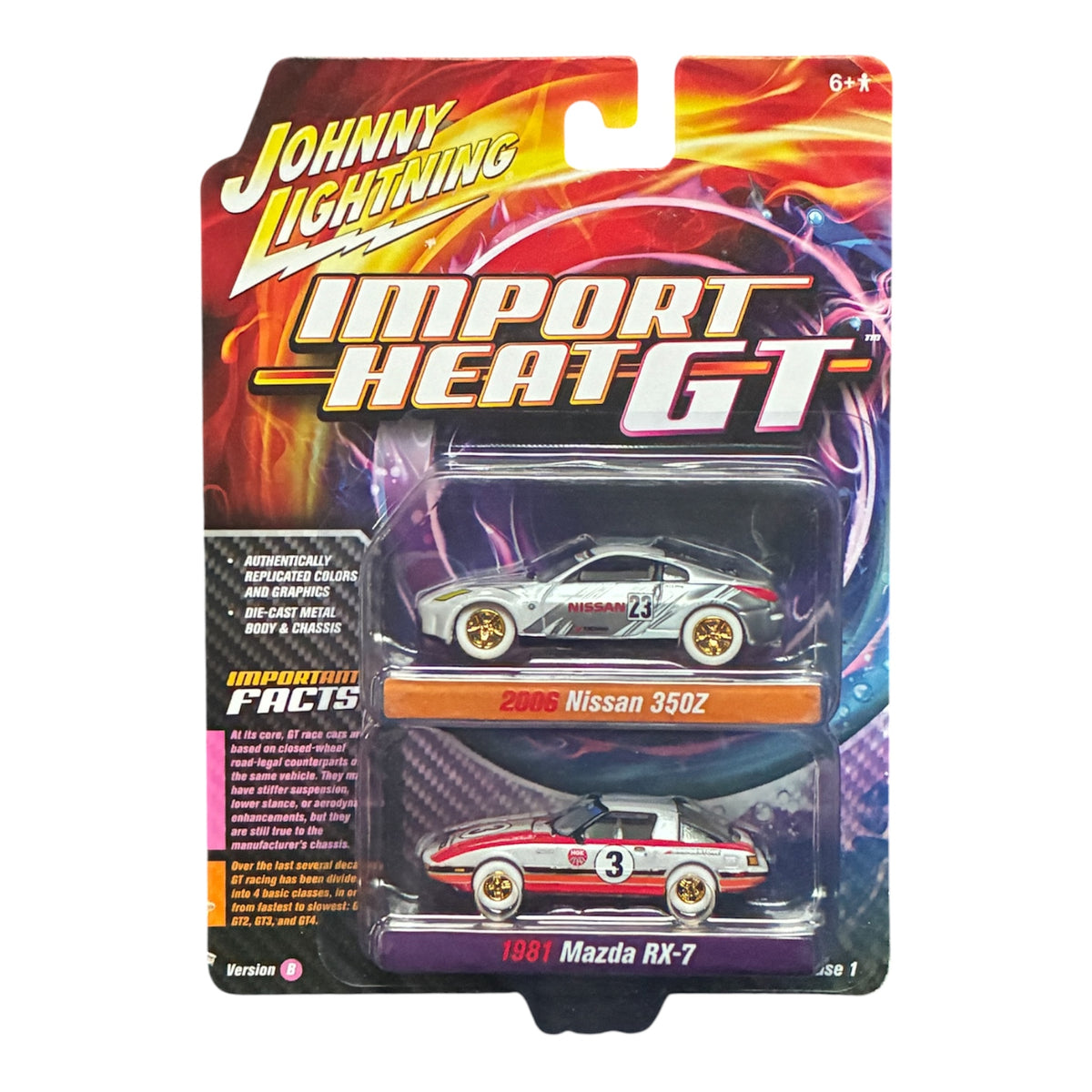 CHASE CAR Johnny Lightning 1:64 Import Heat GT Release 1 Version B – Duo Pack 1981 Mazda RX-7 &amp; 2006 Nissan 350Z – White &amp; Gold Wheels – JLPK017-1B-CHASE