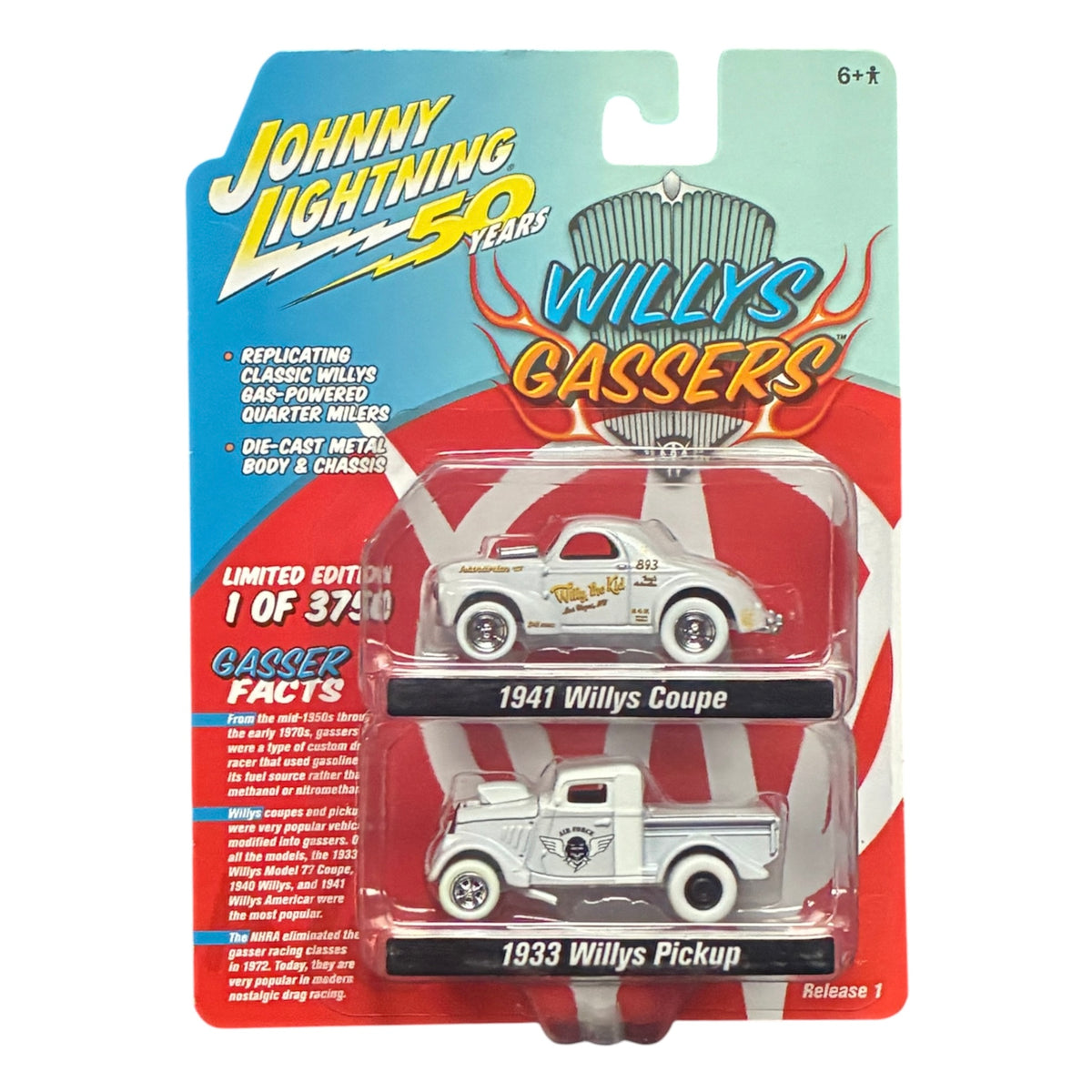 CHASE CAR Johnny Lightning 1:64 50 Years Willys Gassers Release 1 – Duo Pack 1933 Willys Pickup &amp; 1941 Willys Coupe – White – JLPK007-1-CHASE