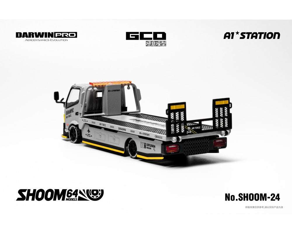 (PRE-ORDER 2027) SHOOM64 1:64 DarwinPRO AIRFORCE Hino 300 Custom Drop-Bed Car Carrier – Grey – Special Edition SHOOM-10-24