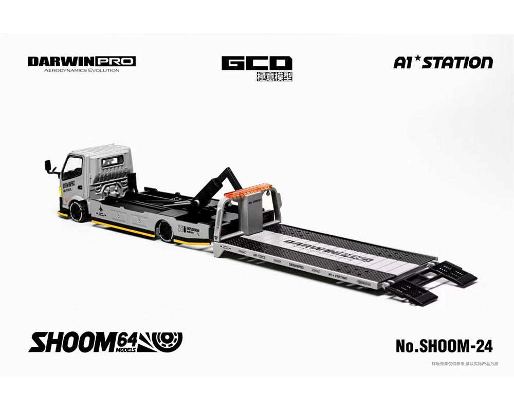 (PRE-ORDER 2027) SHOOM64 1:64 DarwinPRO AIRFORCE Hino 300 – Camion porte-voitures à plateau surbaissé personnalisé – Gris – Édition spéciale SHOOM-10-24