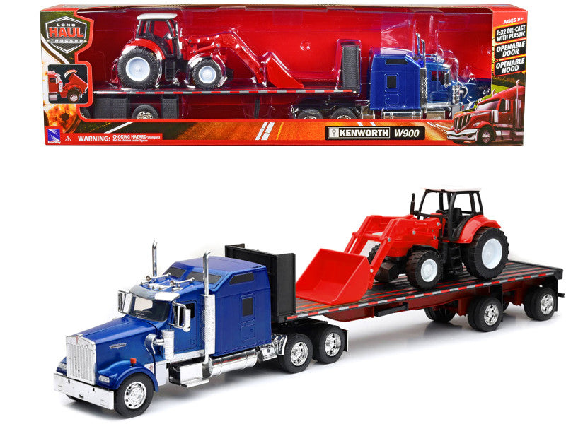 Kenworth W900 Semi Truck in Blue with Flatbed Trailer and Red Farm Tractor with Front Loader