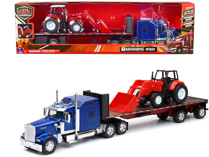 Kenworth W900 Semi Truck in Blue with Flatbed Trailer and Red Farm Tractor with Front Loader
