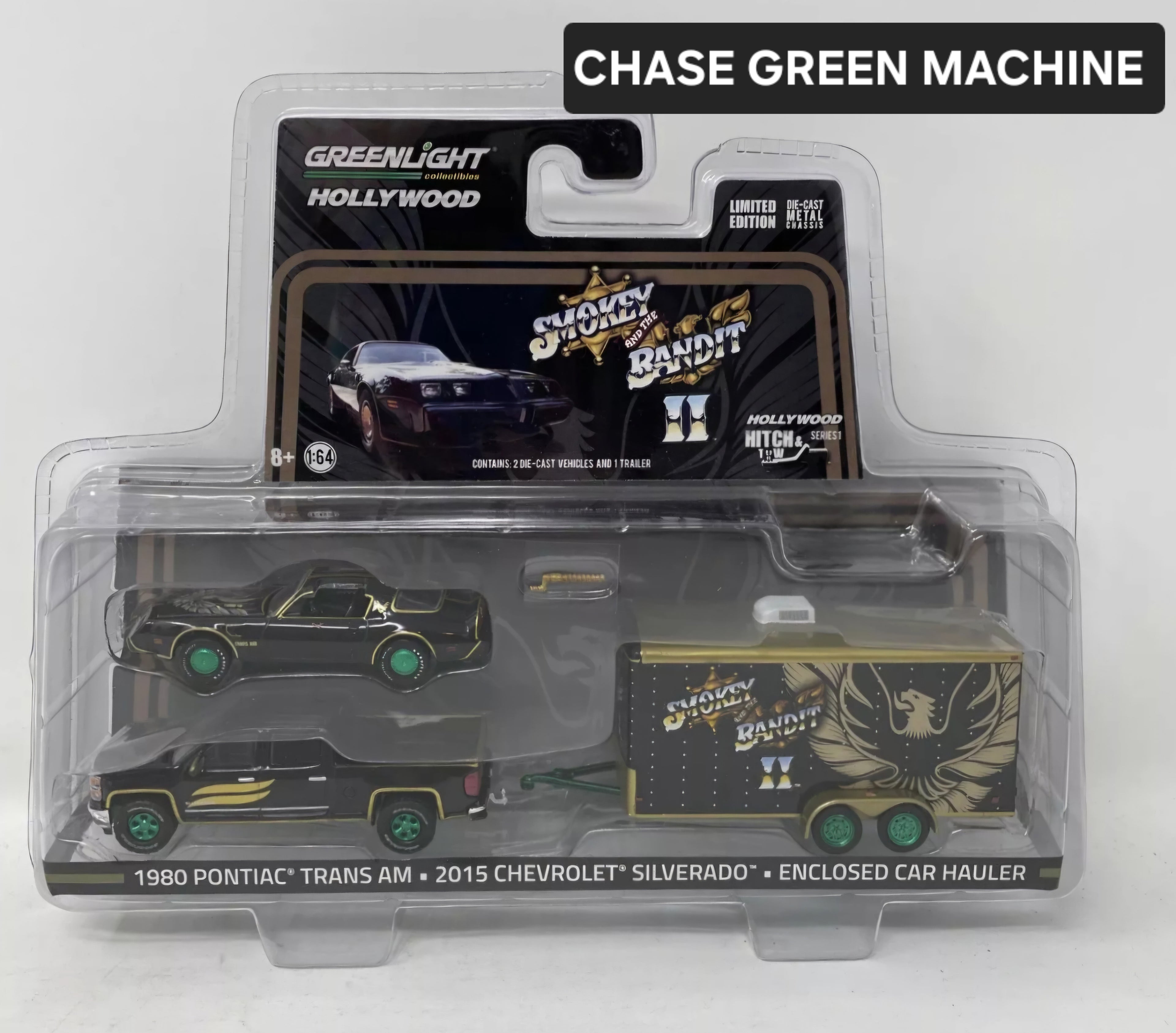 CHASE GREEN MACHINE-2015 Chevrolet Silverado and 1980 Pontiac Trans Am with Enclosed Car Hauler "Smokey &amp; The Bandit II" (1980) (Hollywood Hitch and Tow Series 1)