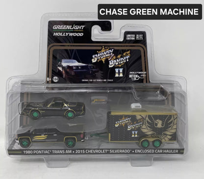 CHASE GREEN MACHINE-2015 Chevrolet Silverado and 1980 Pontiac Trans Am with Enclosed Car Hauler "Smokey &amp; The Bandit II" (1980) (Hollywood Hitch and Tow Series 1)