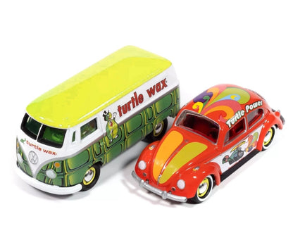 Johnny Lightning Duo-Pack 2025 Release 1- Set-B , Turtle Wax, 1964 Volkswagen Type 2 Transporter &amp; 1965 Volkswagen Beetle