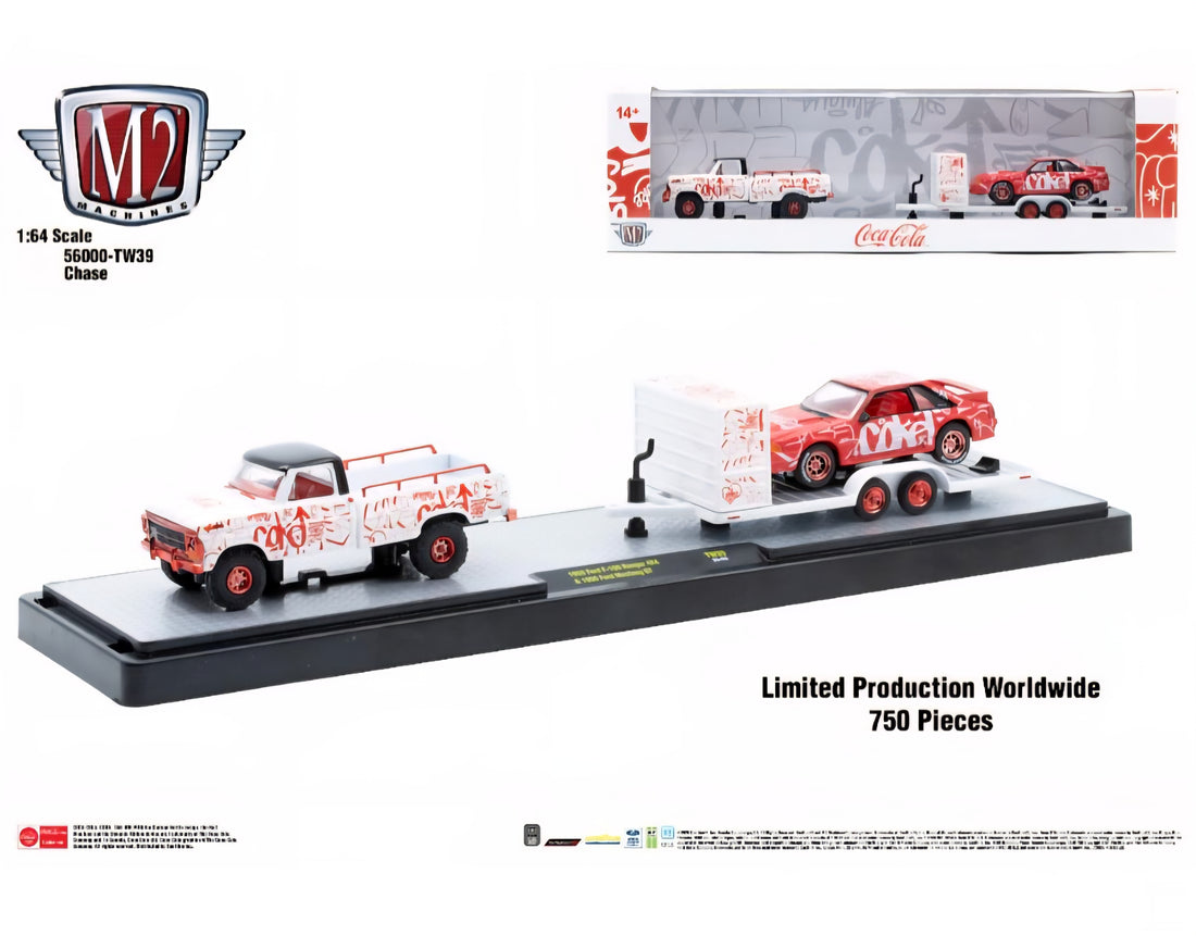 CHASE CARS-1969 Ford F-100 Ranger 4X4 and 1990 Ford Mustang GT  (M2 Machines-Auto-Haulers Coca-Cola Release TW39)
