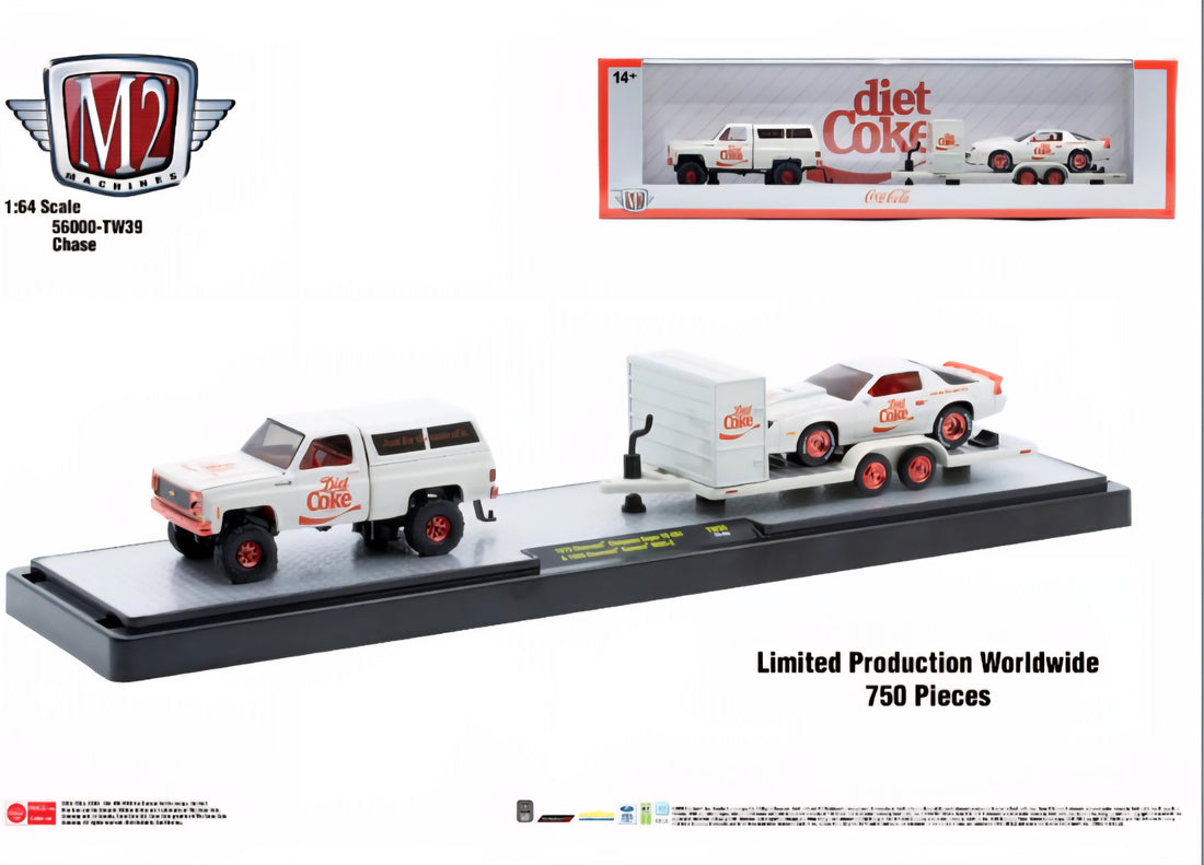 CHASE CARS-1973 Chevrolet Cheyenne Super 10 4X4 and 1985 Chevrolet Camaro IROC  (M2 Machines-Auto-Haulers Coca-Cola Release TW39)