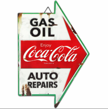 Coca-Cola Gas Oil Auto Repairs Rustic Arrow Metal Sign