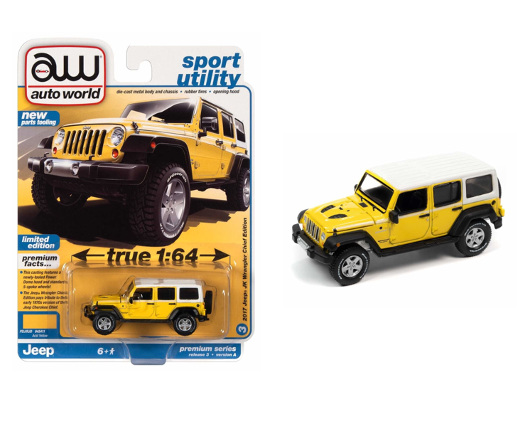 2017 Jeep Wrangler Chief Edition in Acid Yellow with White Roof and Side Stripe 1/64