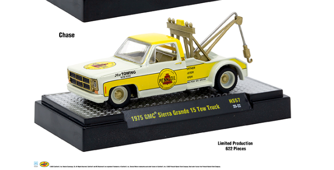 CHASE CARS- M2 Machines-Pennzoil-1975 GMC Sierra Grande 15 Tow Truck Safe 31500-HS57