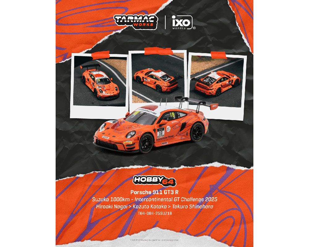 (PRE-ORDER 2027) Tarmac Works 1:64 Porsche 911 GT3 R Suzuka 1000km – Intercontinental GT Challenge 2025 – Hiroaki Nagai / Kazuto Kotaka / Takuro Shinohara – Hobby64 – T64-084-25SUZ18