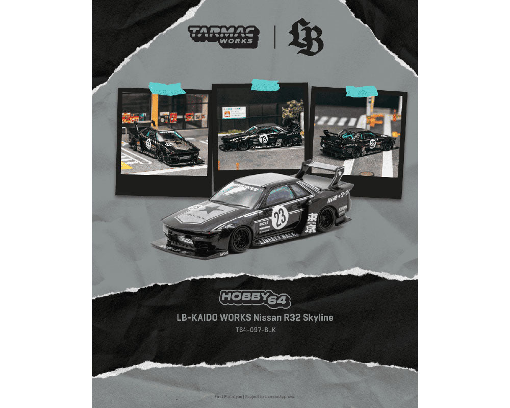 (PRE-ORDER 2027) Tarmac Works 1:64 LB-KAIDO WORKS Nissan R32 Skyline – Black – Hobby64 T64-097-BLK