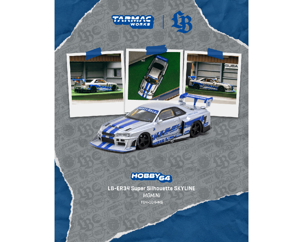 (PRE-ORDER 2026) Tarmac Works 1:64 LB-ER34 Super Silhouette SKYLINE MGMINI – Silver – Hobby64 – T64-104-MG