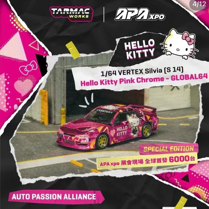 TARMAC WORKS 1/64-VERTEX Silvia (S14) Hello Kitty Pink Chrome T64G-018-HK2