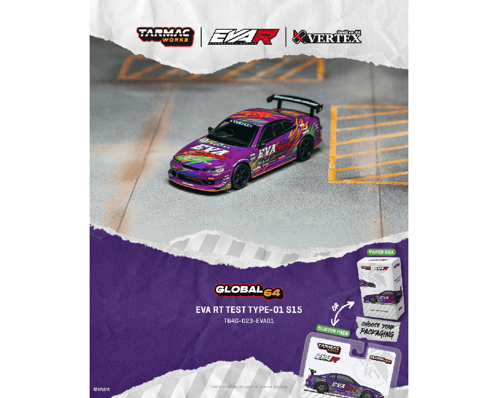 (PRE-ORDER 2026/2027) Tarmac Works 1:64 EVA RT TEST TYPE-01 Nissan Silvia S15 – Global64 – Limited Edition – T64G-023-EVA01-B