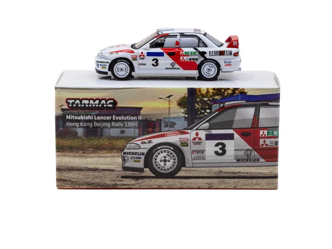 Tarmac Works Global64 1:64 Mitsubishi Lancer Evolution II – Hong Kong Beijing Rally 1994 – K. Eriksson / S. Parmander – T64G-049-94HKBR03
