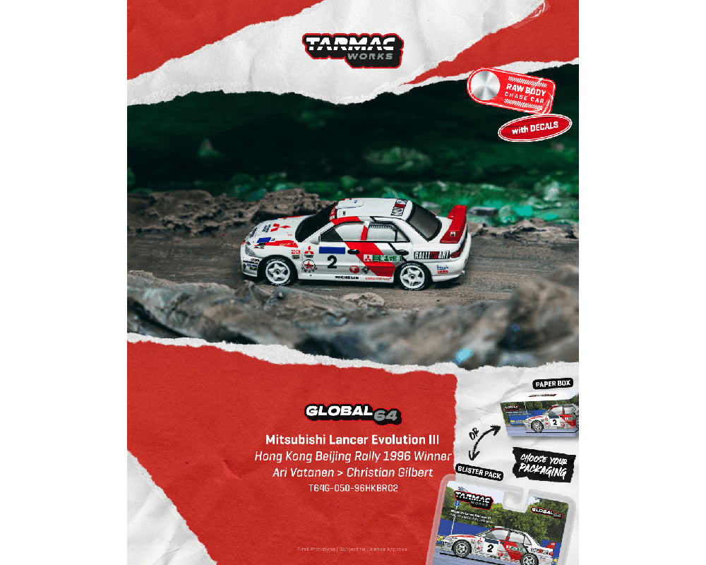 (PRE-ORDER 2026) Mitsubishi Lancer Evo III 1996 Hong Kong Beijing Rally - Tarmac Works 1:64 - T64G-050-96HKBR02-B