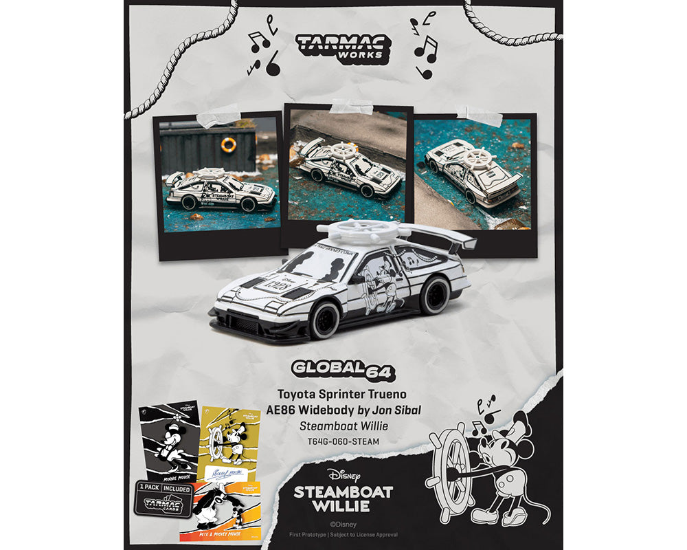 (PRE-ORDER 2026) Toyota Sprinter Trueno AE86 Widebody Jon Sibal Mickey &amp; Friends Steamboat Willie – Tarmac Works 1:64 T64G-060-STEAM