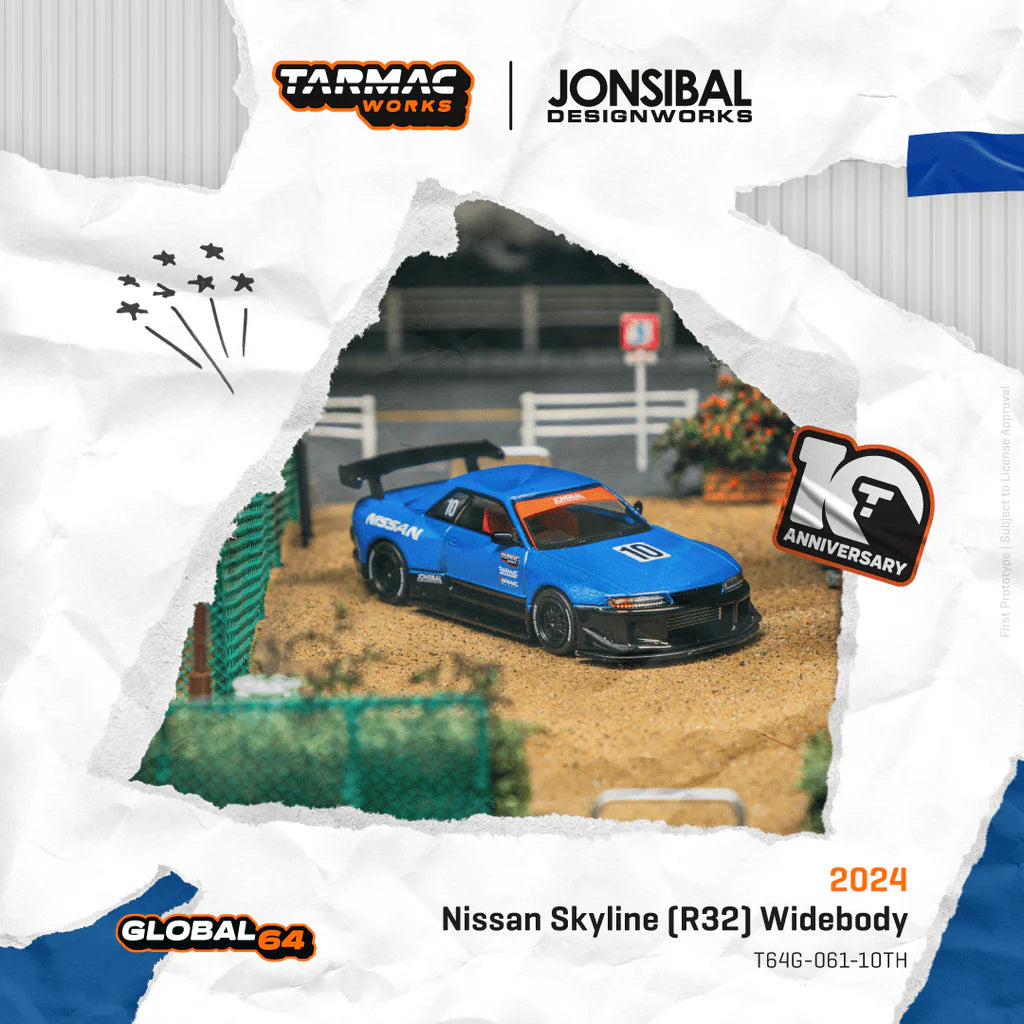 (PRE-ORDER 2025) TARMAC WORKS GLOBAL64 1/64 Nissan Skyline (R32) Widebody - Designed by Jon Sibal Tarmac Works 10th Anniversary T64G-061-10TH