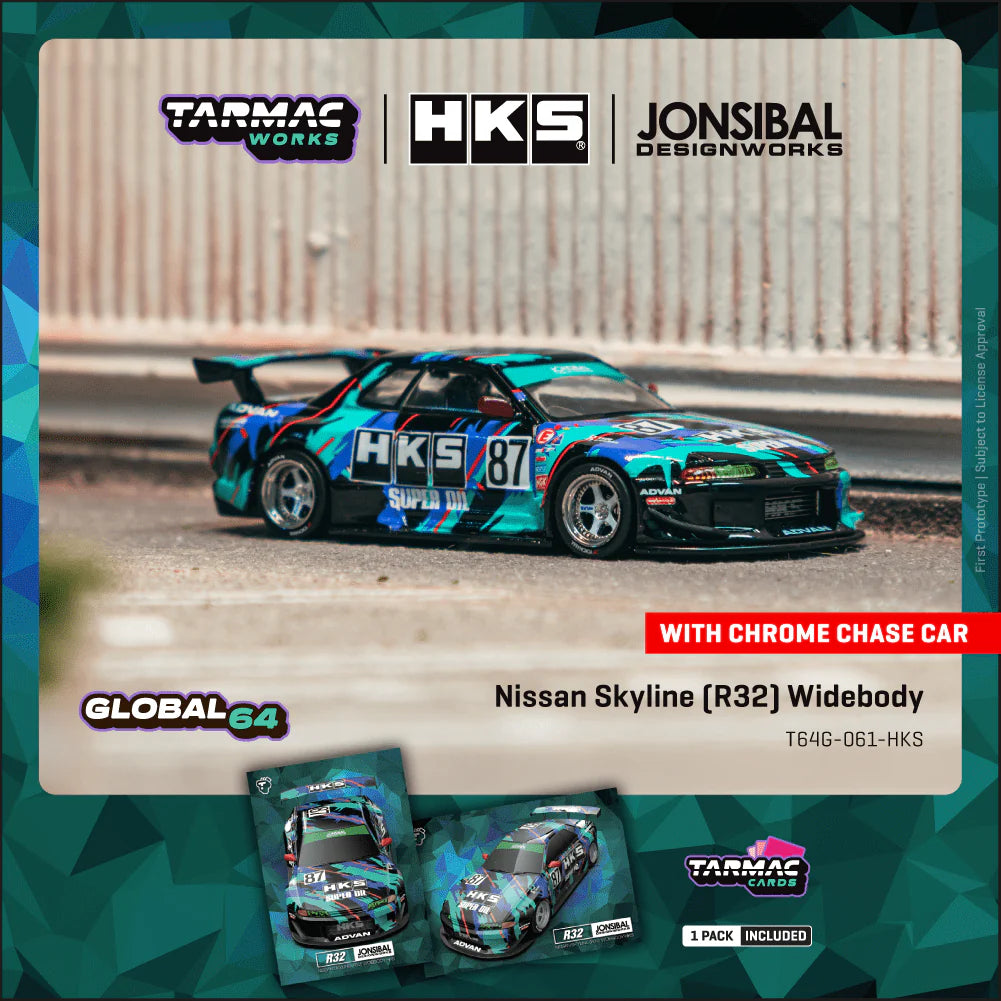 Tarmac Works Global64 1:64 Nissan Skyline R32 Widebody HKS Model Car + Trading Cards Combo Set – T64G-061-HKS