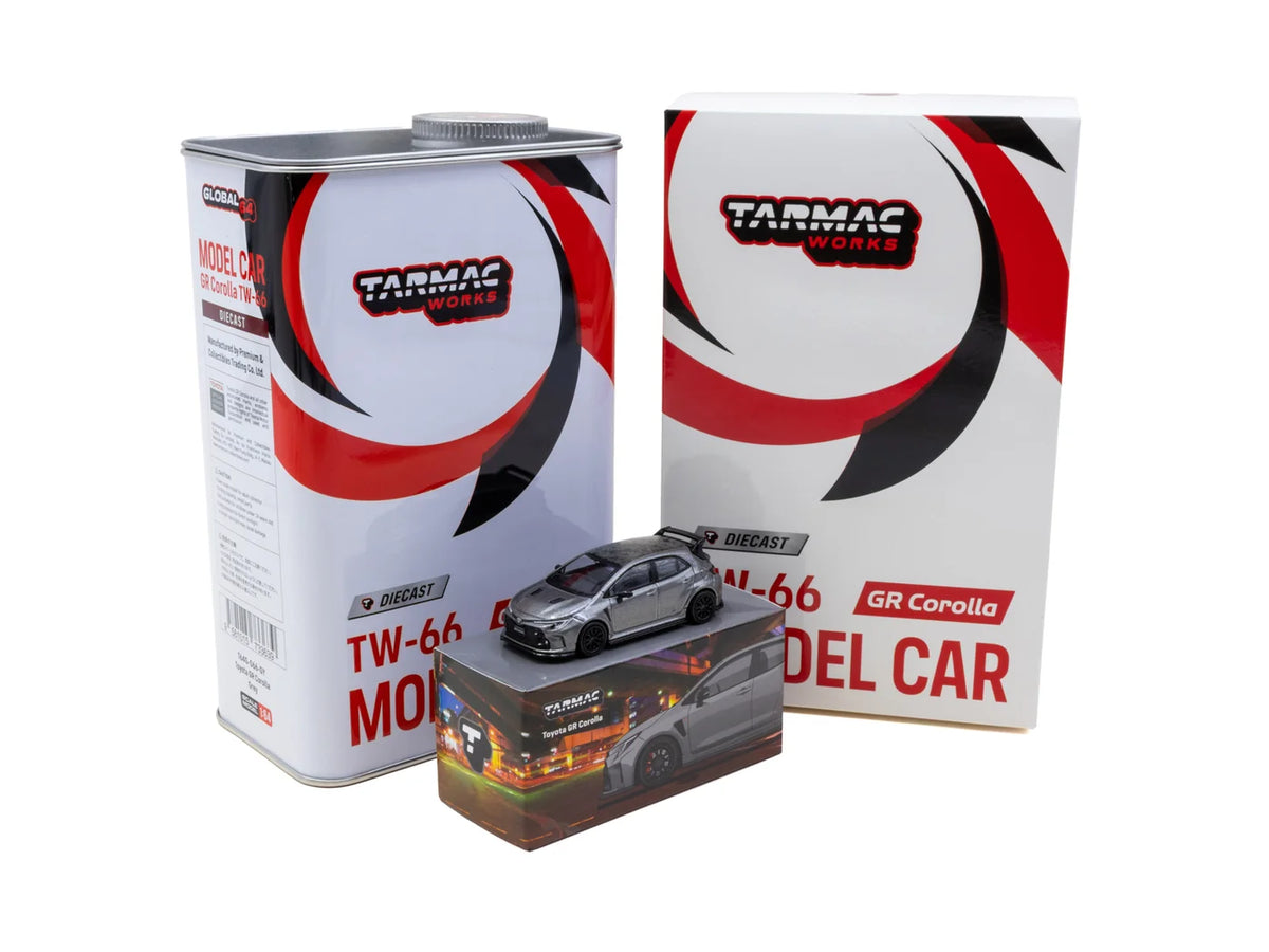 Tarmac Works Global64 1:64 Toyota GR Corolla – Grey – Metal Oil Can Packaging – T64G-066-GY