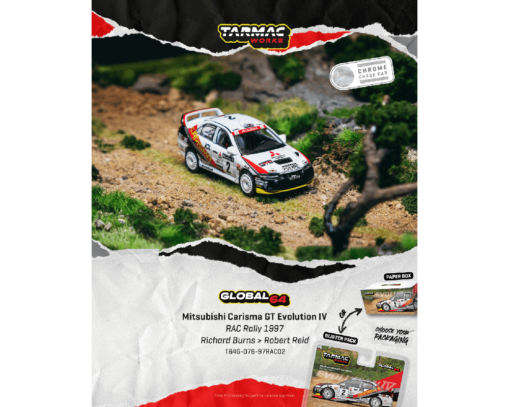 (PRE-ORDER 2026) Mitsubishi Carisma GT Evolution IV RAC Rally 1997 Richard Burns / Robert Reid – Tarmac Works Global64 1:64 T64G-076-97RAC02-B