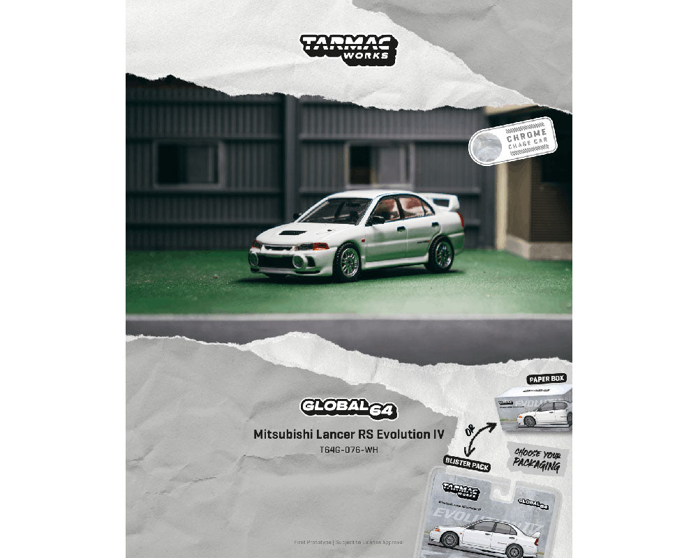 (PRE-ORDER 2026) Tarmac Works 1:64 Mitsubishi Lancer RS Evolution IV – White – Global64 – Limited Edition – T64G-076-WH-B