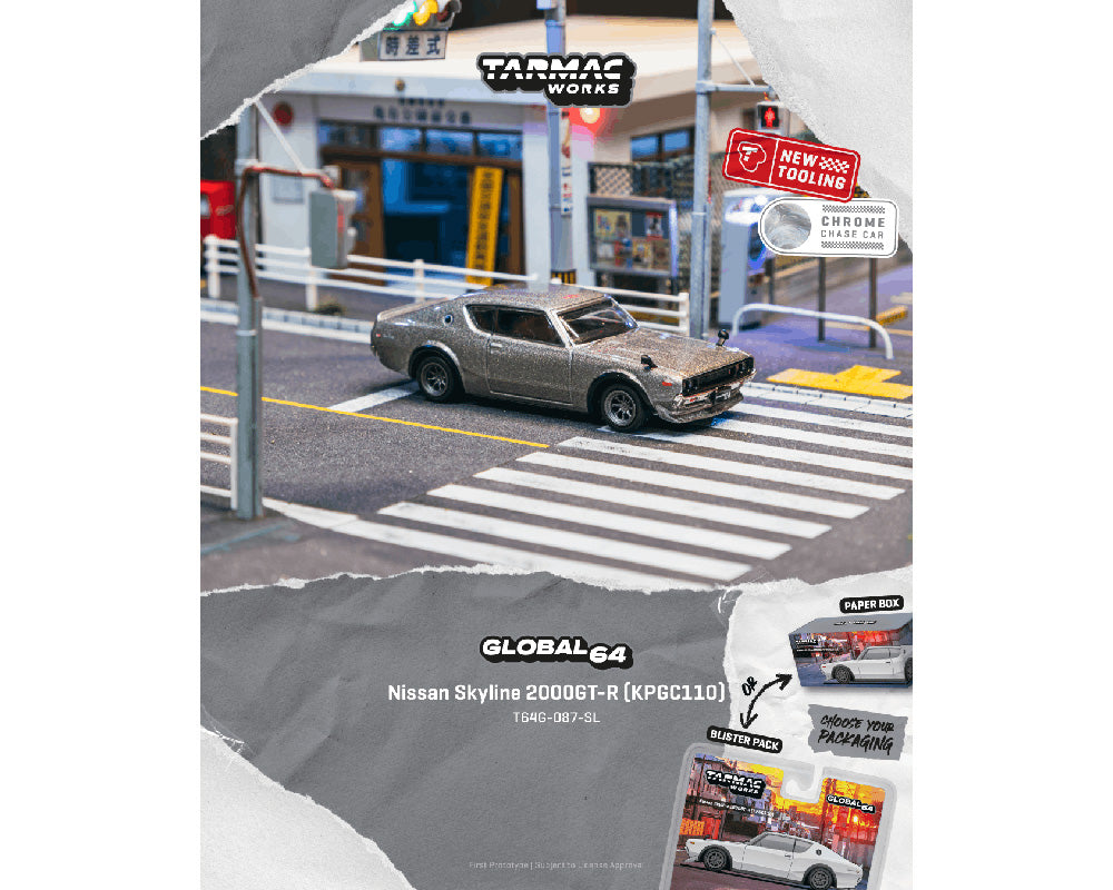 (PRE-ORDER 2026) Nissan Skyline 2000GT-R KPGC110 argent – Tarmac Works Global64 1:64 T64G-087-SL-B