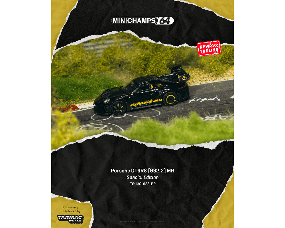 (PRE-ORDER 2026) Porsche GT3 RS (992.2) MR Black Yellow - Tarmac Works x Minichamps 1:64 Showcase - T64MC-023-BR