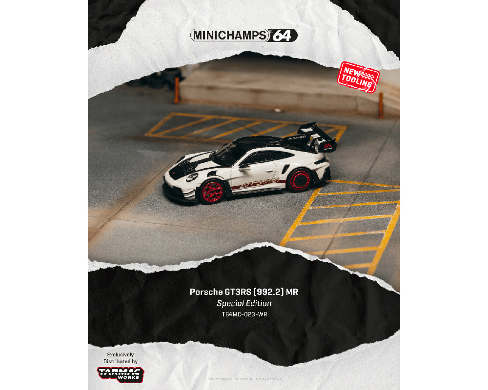 (PRE-ORDER 2026) Porsche GT3 RS (992.2) MR White Red - Tarmac Works x Minichamps 1:64 Showcase - T64MC-023-WR