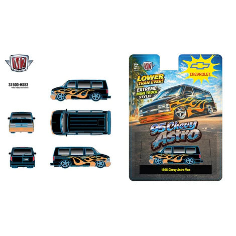 (PRE-ORDER 2026) M2 Machines 1:64 1995 Chevrolet Astro Van – Black with Flames – Hobby 31500-HS83  Exclusive