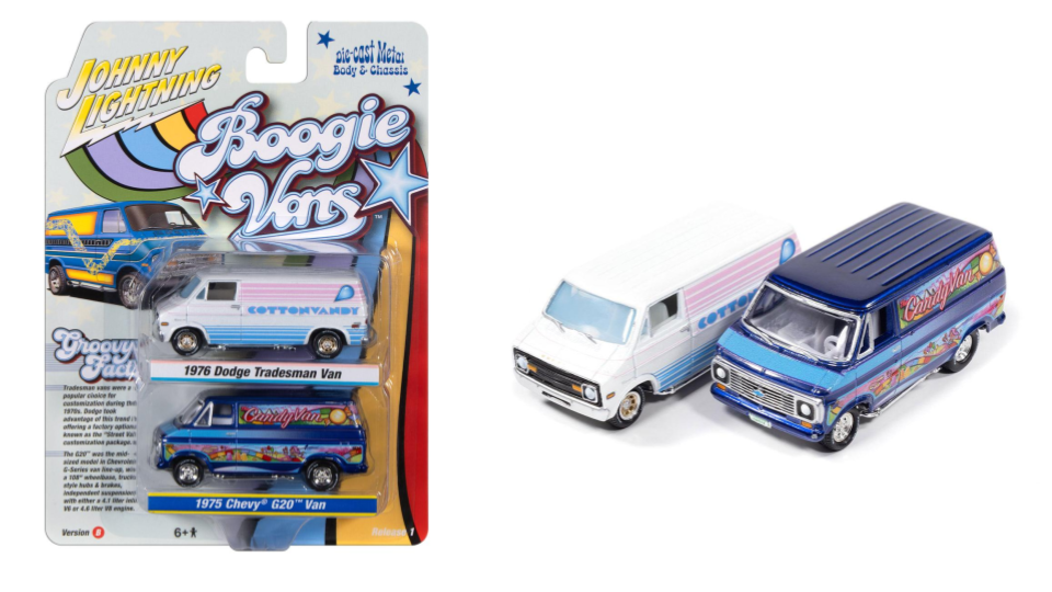 1976 Dodge Tradesman Van &amp; 1975 Chevrolet G20 Van – Johnny Lightning Twin Pack 1:64 – JLPK024VANSB