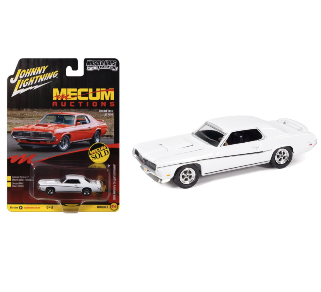 Johnny Lightning 1:64 Muscle Cars USA 1969 Mercury Cougar Eliminator – White with Black Stripe – Mecum Auctions – JLMC035-3B-2