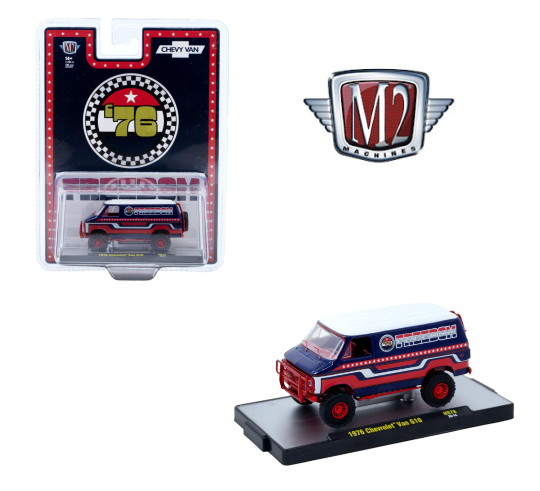 CHASE CAR – M2 Machines 1:64 Chevrolet Van 1976 « Freedom Edition » – Rouge, blanc et bleu – 31500-HS78-CHASE