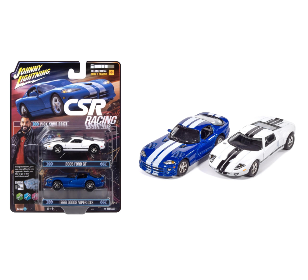 Johnny Lightning 1:64 CSR Racing Twin Pack – 1996 Dodge Viper GTS &amp; 2005 Ford GT – JLPK025-1A-1