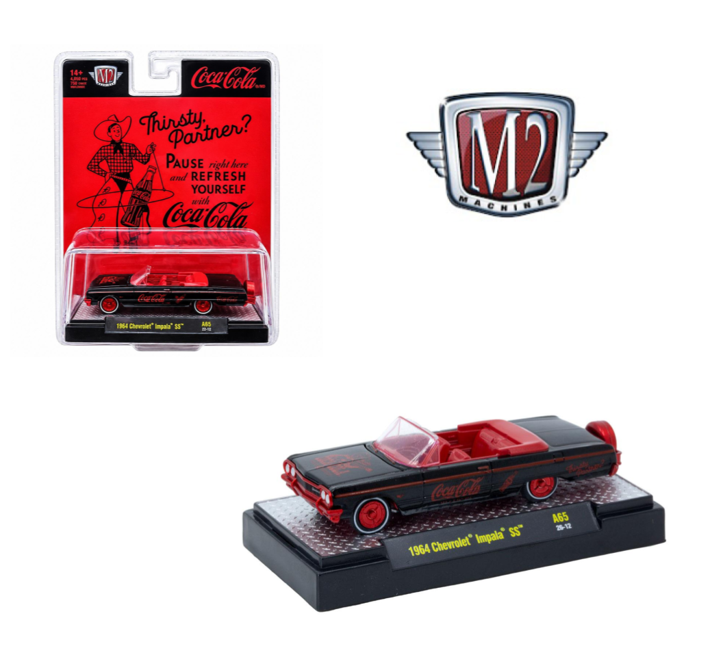 CHASE CAR – M2 Machines 1:64 Coca-Cola 1964 Chevrolet Impala SS – Black &amp; Red – Red Chrome Wheels – 52500-A65-A-CHASE