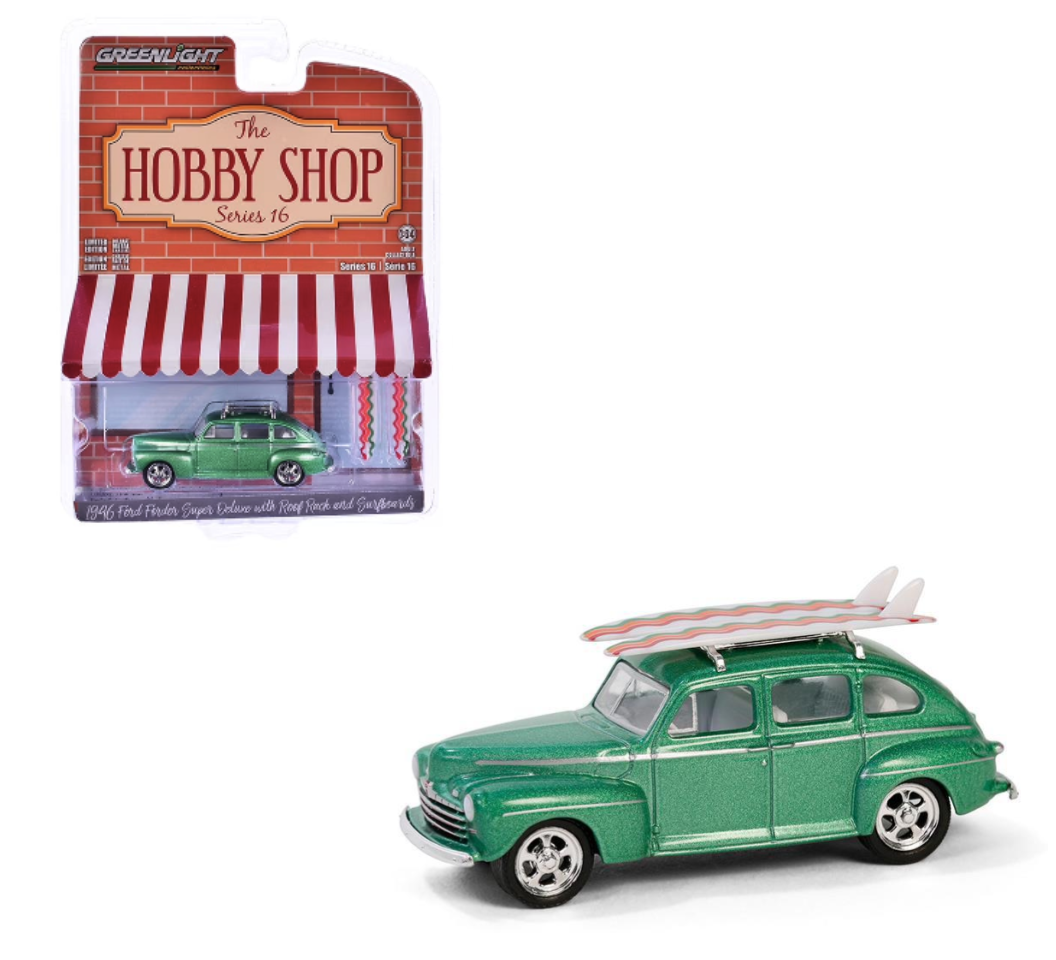 GreenLight 1:64 The Hobby Shop Series 16 – 1946 Ford Fordor Super Deluxe with Roof Rack and Surfboards – GL97160-A