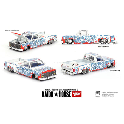 Kaido House x Mini GT - Chevrolet Silverado Dually on Fire V2  (KHMG157)  LAST ONE OPEN BOX