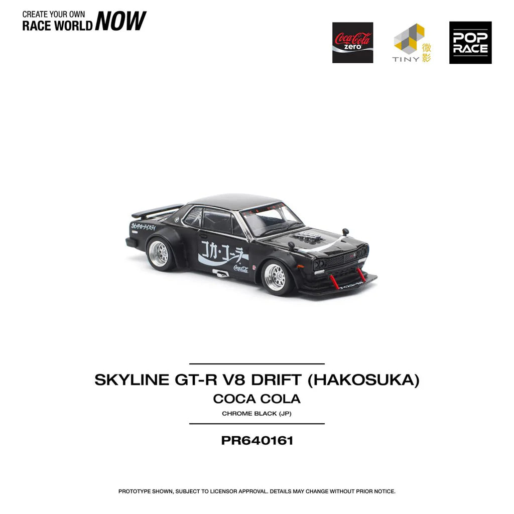 POPRACE 1/64 -SKYLINE GT-R DRIFT (HAKOSUKA) - COCA COLA ZERO JP BLACK CHROME PR640161