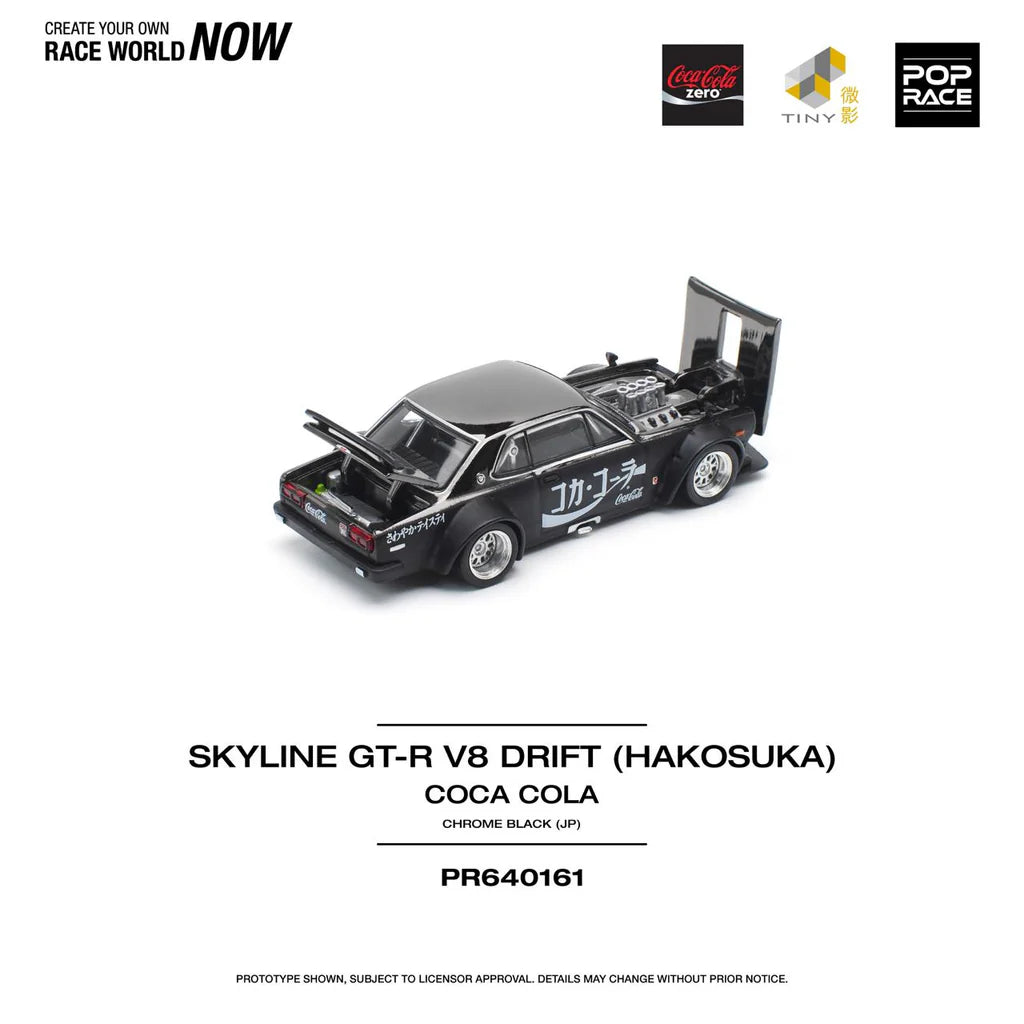 POPRACE 1/64 -SKYLINE GT-R DRIFT (HAKOSUKA) - COCA COLA ZERO JP BLACK CHROME PR640161