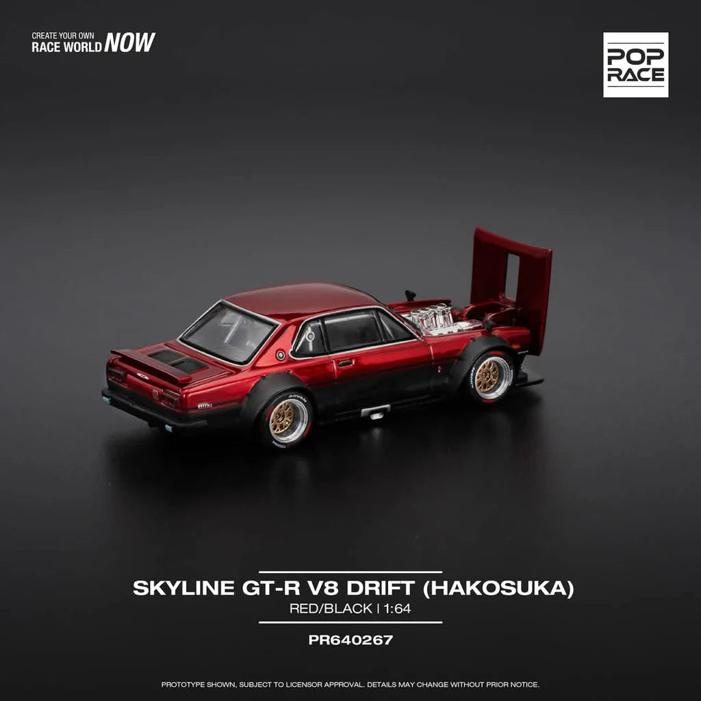 (PRE-0RDER 2026) POPRACE 1/64, SKYLINE GT-R V8 DRIFT (HAKOSUKA) - RED/BLACK