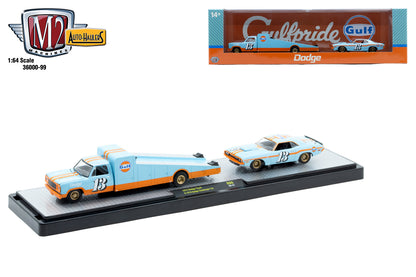 1974 Dodge Truck &amp; 1970 Dodge Challenger T/A Gulf – M2 Machines 1:64 Auto-Haulers Release 99 – 36000-99-B