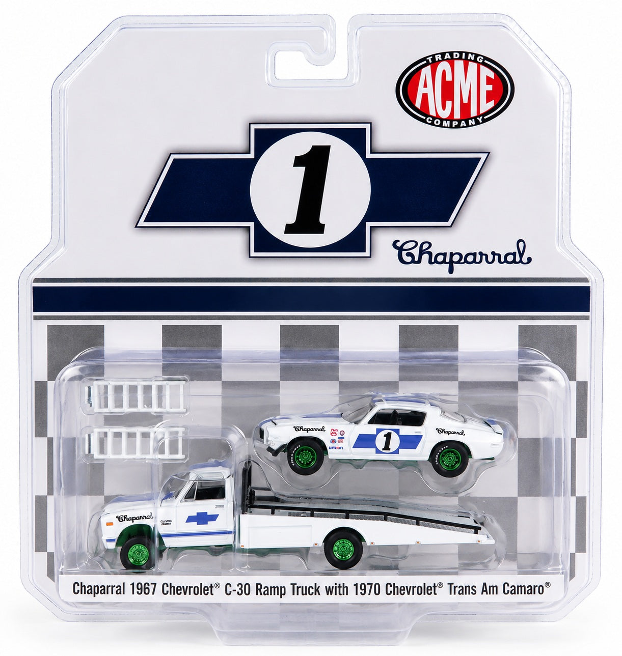 CHASE CAR ACME 1:64 Chaparral 1967 Chevrolet C-30 Ramp Truck with 1970 Chevrolet Trans-Am Camaro – Green Wheels – A51344-CHASE