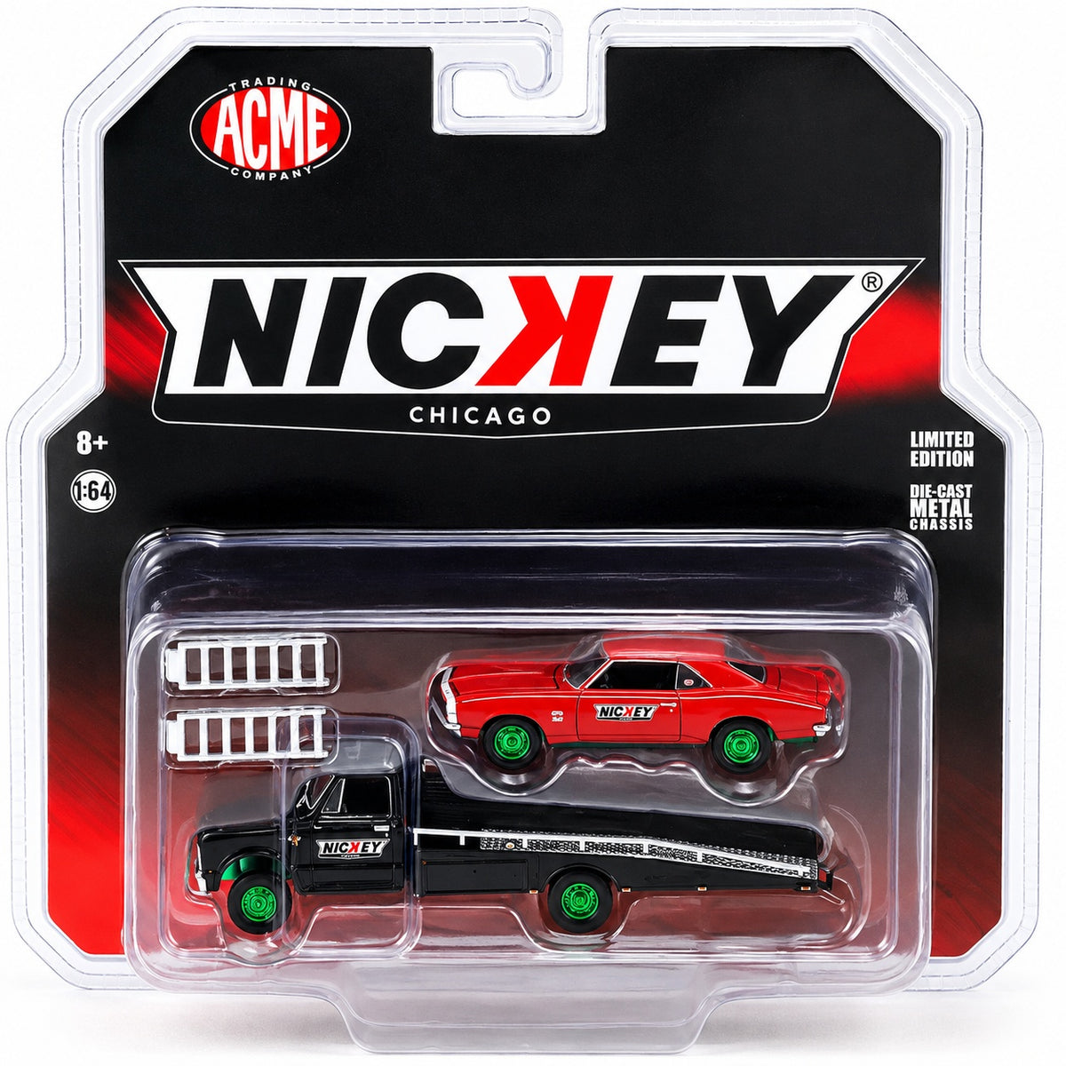 CHASE CAR ACME 1:64 Nickey Chicago 1970 Chevrolet C-30 Ramp Truck with 1967 Chevrolet Camaro – Green Wheels – A51270-CHASE